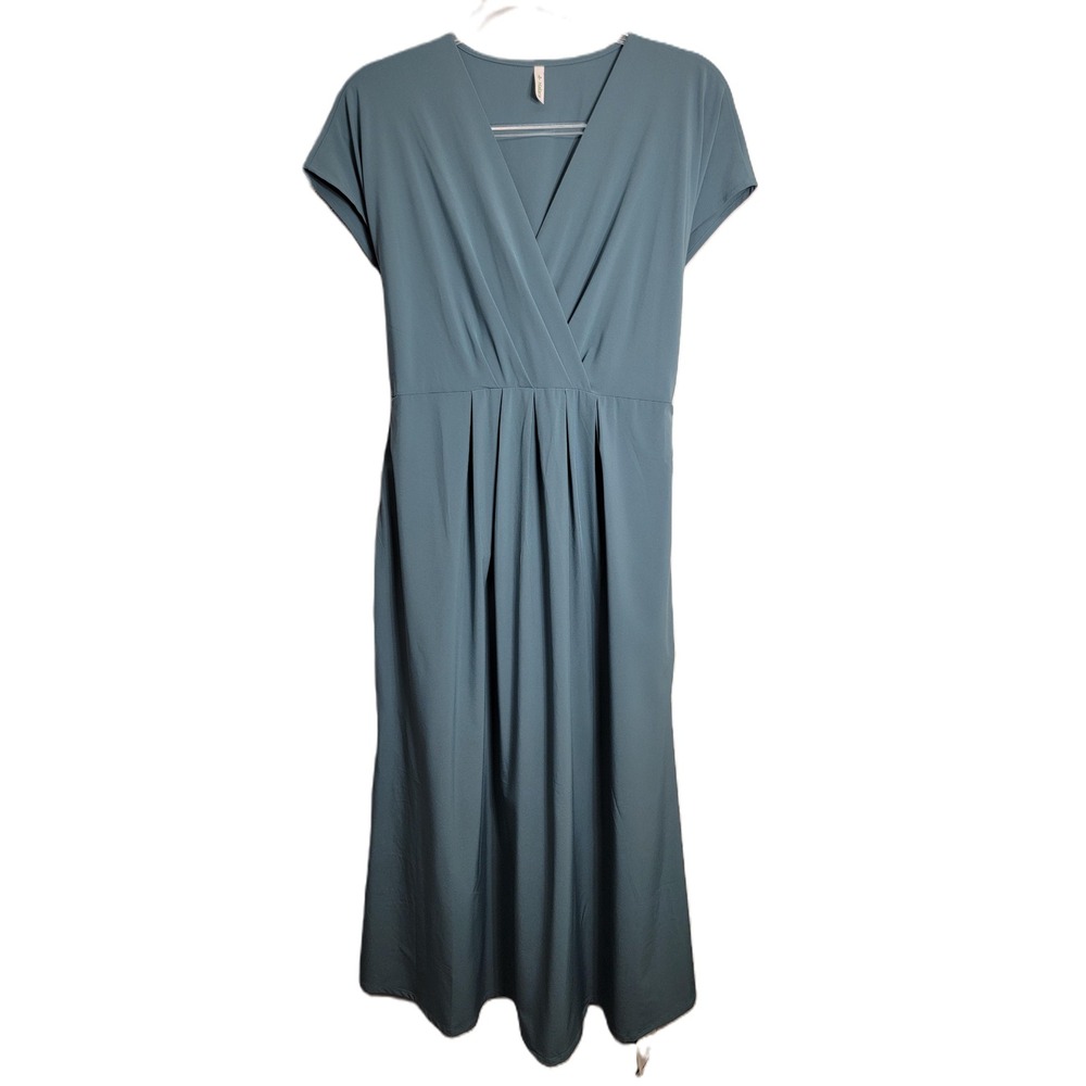 Halara L Breezeful Maxi Dress‎ Blue V-Neck Pockets Short Sleeve Tie Waist NEW